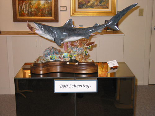 Bob Scheelings working on the patiina of his Tiger shark sculpture